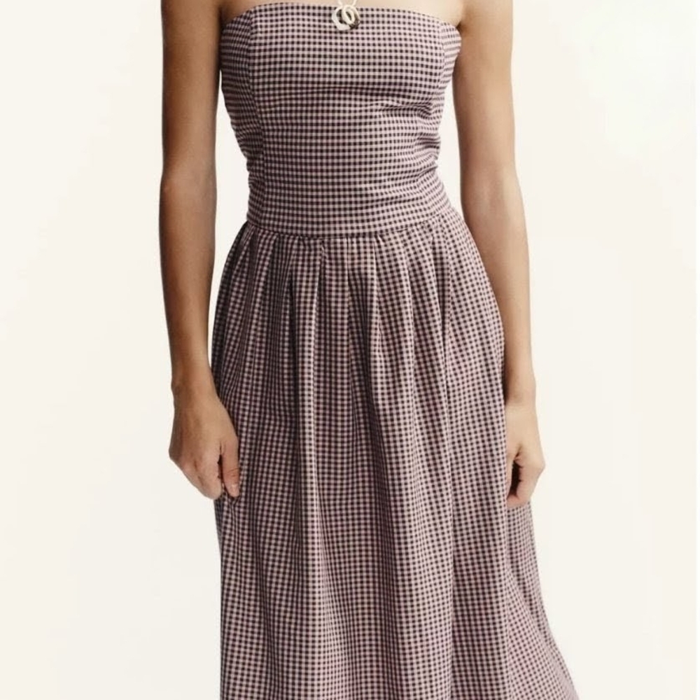 NWT Zara Strapless Gingham Patterned Midi Dress in Burgundy/White - S - Picture 4 of 16